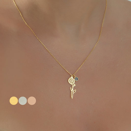 14K Solid Gold Birth Flower Necklace with Birthstone, Birth Flower Necklace, Birthflower Necklace, Birthstone Jewelry, Birthday Gift for Her